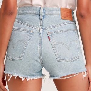 Levi’s 501 light wash high rise cut off shorts